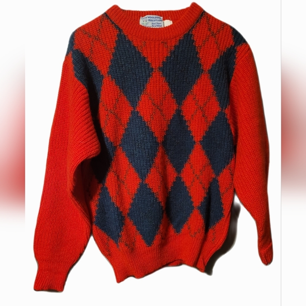 Men's Valda Red Scotland Wool Argyle Sweater Sz 48 Old Money Preppy VTG